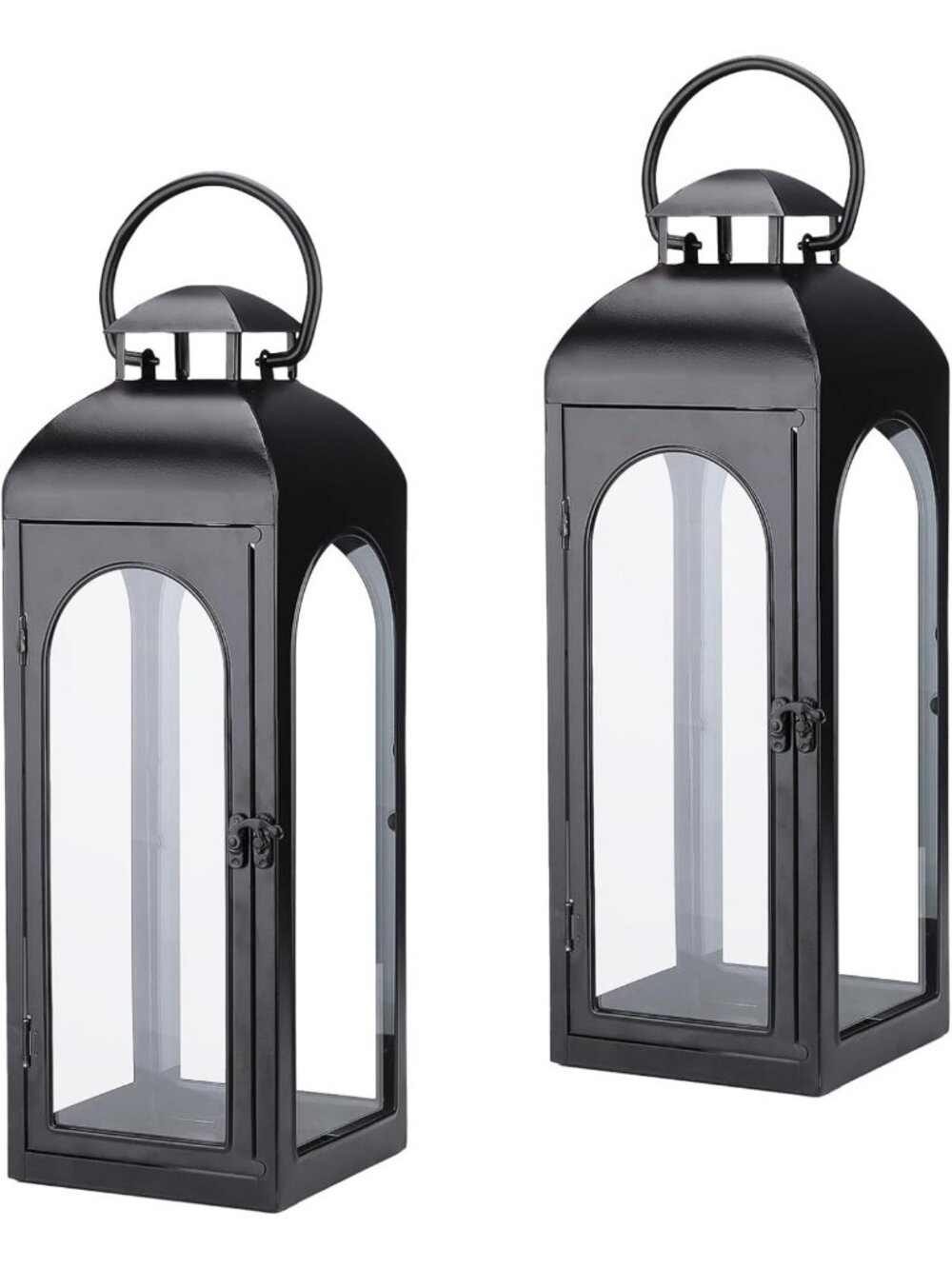 Set of 2 Black Metal Candle Lanterns - 16 Inch Indoor/Outdoor Decorative